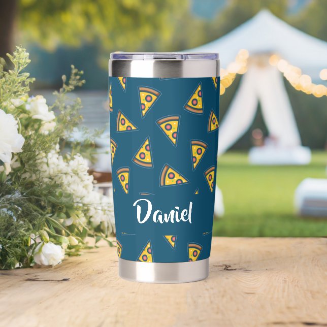 Pizza pattern on blue insulated tumbler (Wedding (Rotated))