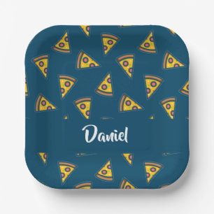 Pizza pattern on blue paper plate