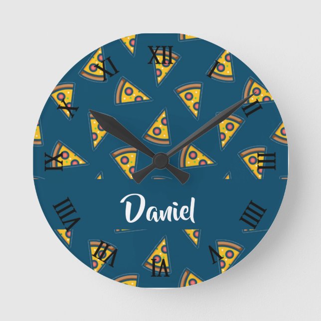 Pizza pattern on blue round clock (Front)