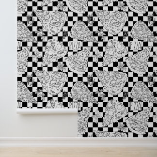 Pizza Patterned Black and White Chequerboard Wallpaper