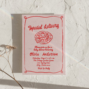 Pizza Pink Hand Drawn Special Delivery Baby Shower Invitation