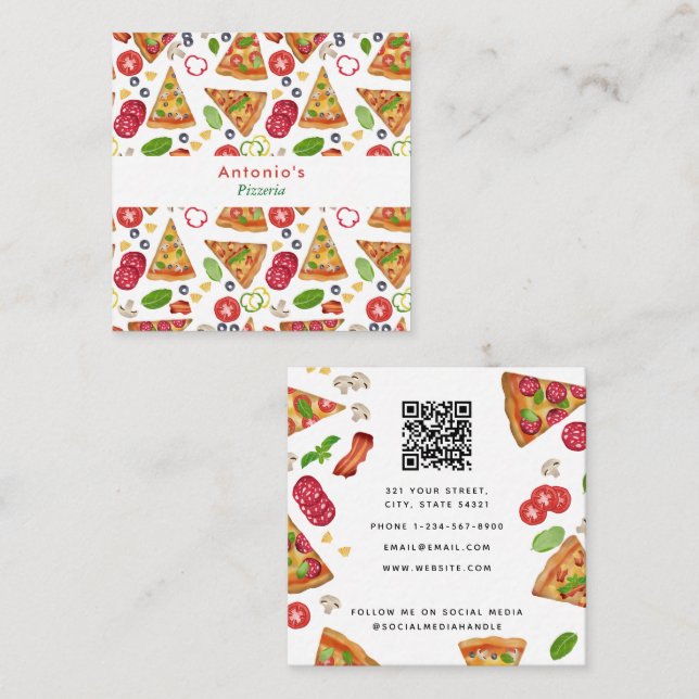 Pizza Pizzeria Restaurant QR Code Italian Food Square Business Card (Front/Back)
