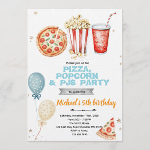 Pizza popcorn and pajamas party invitation