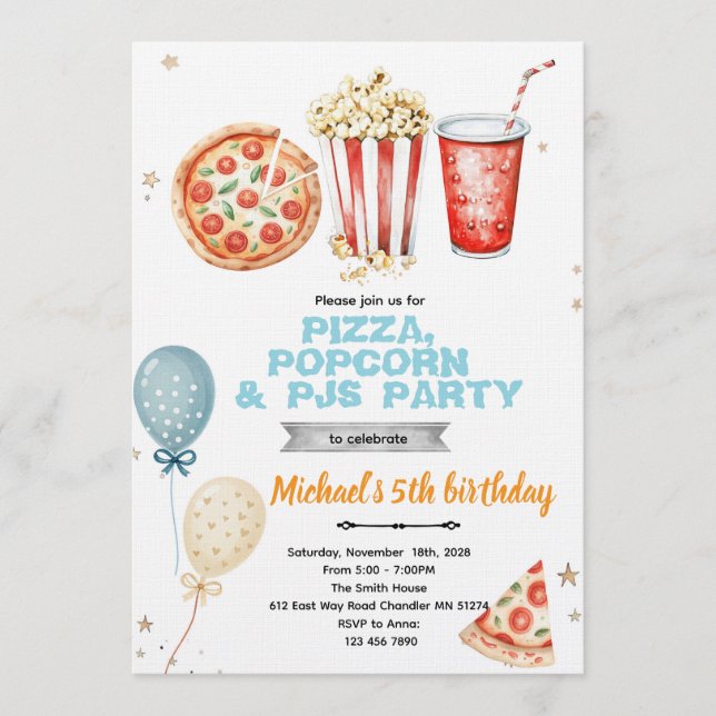 Pizza popcorn and pajamas party invitation (Front)