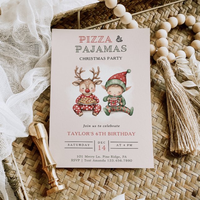 Pizza & Pyjamas Christmas Birthday Party Invitation (Creator Uploaded)
