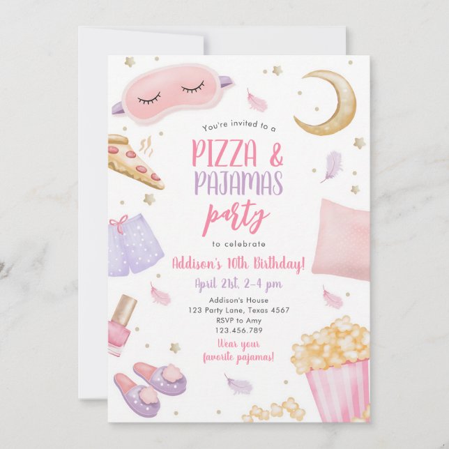 Pizza & Pyjamas Sleepover Birthday Invitation (Front)