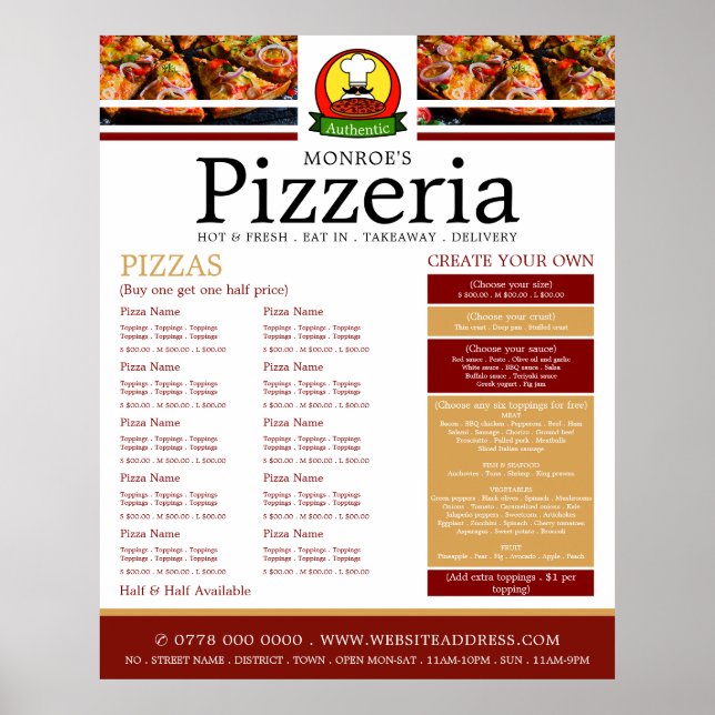 Pizza Restaurant, Pizzeria Menu Poster (Front)