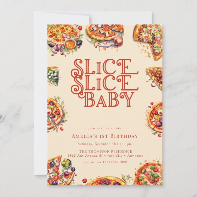 Pizza | Slice | 1st birthday invitations (Front)