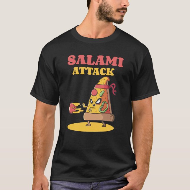 Pizza Slice Motif Ninja Salami Attack Pizza Cheese T-Shirt (Front)
