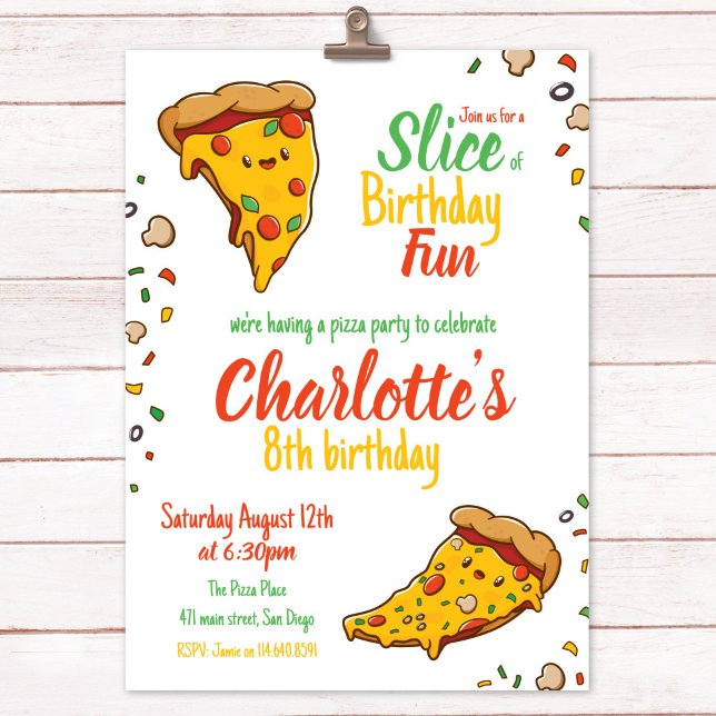 Pizza, Slice of Birthday fun, kawaii  Invitation (Creator Uploaded)