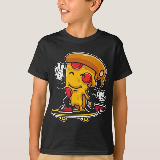 Pizza Slice on a Skateboard, Skater Skating Skateb T-Shirt (Front)
