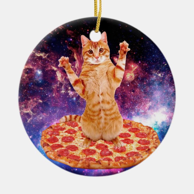 Pizza space cat ceramic tree decoration (Front)