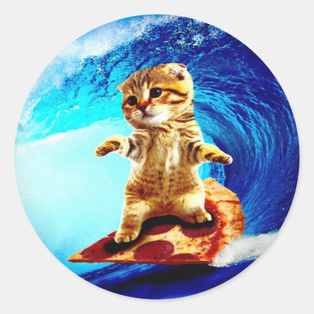 Pizza Surfing Cat Classic Round Sticker (Front)