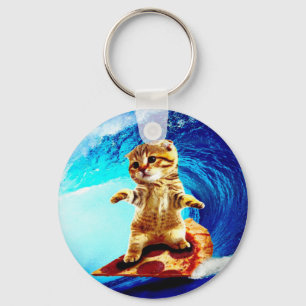 Pizza Surfing Cat Key Ring