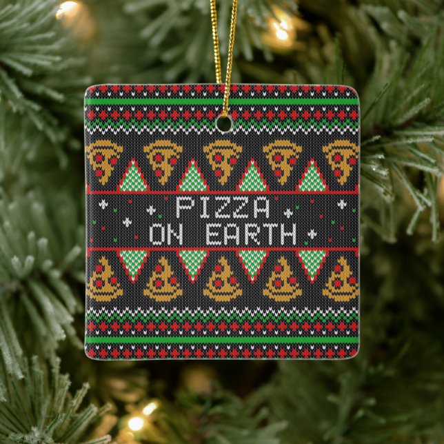 Pizza Ugly Christmas Sweater Ceramic Ornament (Tree)