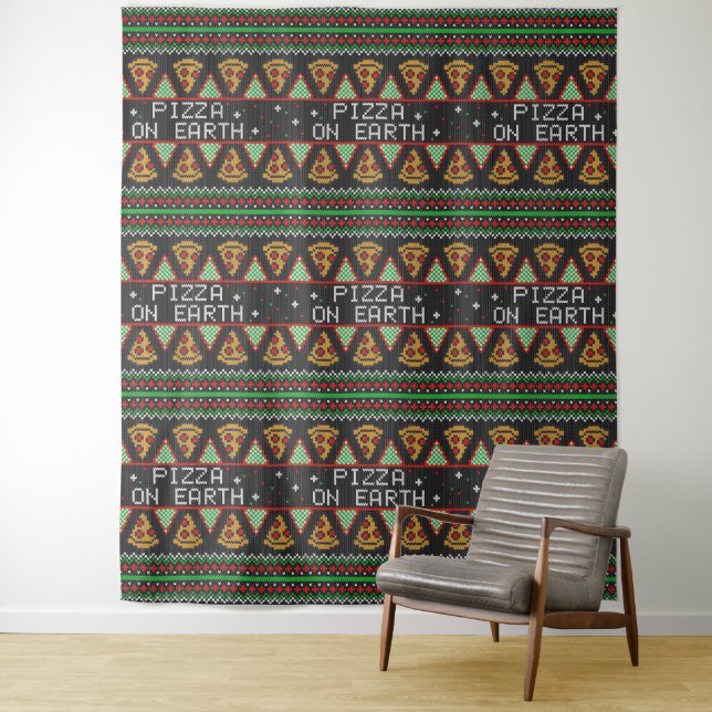 Pizza Ugly Christmas Sweater Photo Backdrop Tapestry (In Situ)