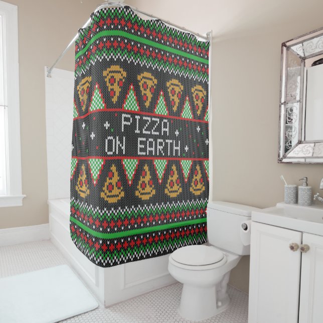 Pizza Ugly Christmas Sweater Shower Curtain (In Situ)