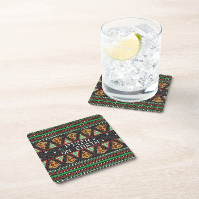 Pizza Ugly Christmas Sweater Square Paper Coaster (Insitu)