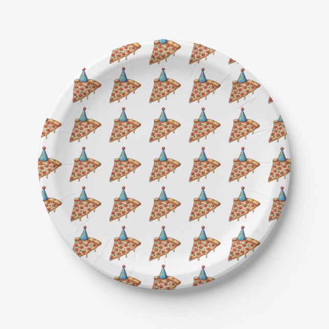 pizza with birthday hat paper plate (Front)