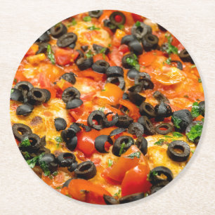 Pizza with black olives round paper coaster
