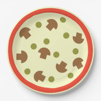 Pizza with Mushrooms Olives Cheese Tomato Sauce Paper Plate