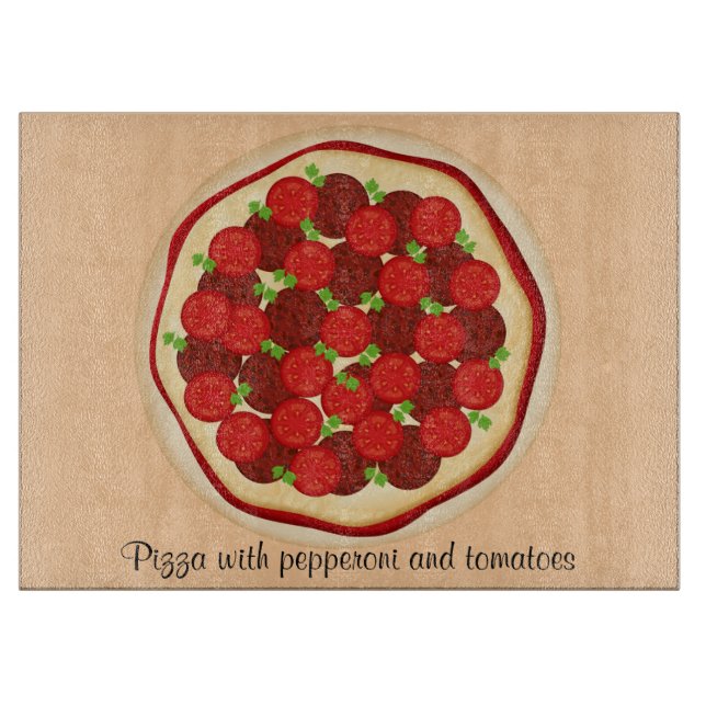 Pizza with pepperoni and tomatoes cutting board (Front)