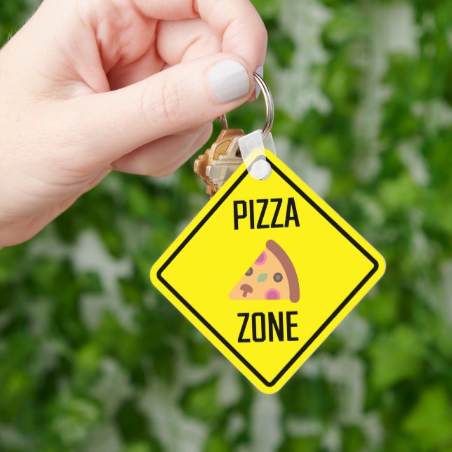 Pizza Zone Metal Square Keychain (Hand)
