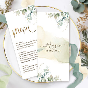 Place Card/ Menu, Elegant Greenery and Watercolor Menu