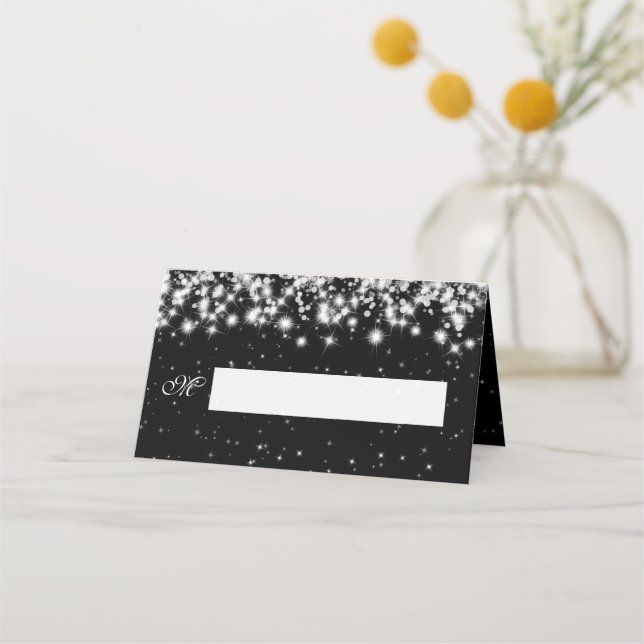 Place Card Wedding Winter Sparkle Black (Front)