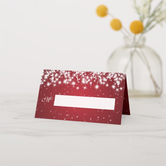Place Card Wedding Winter Sparkle Red (Front)