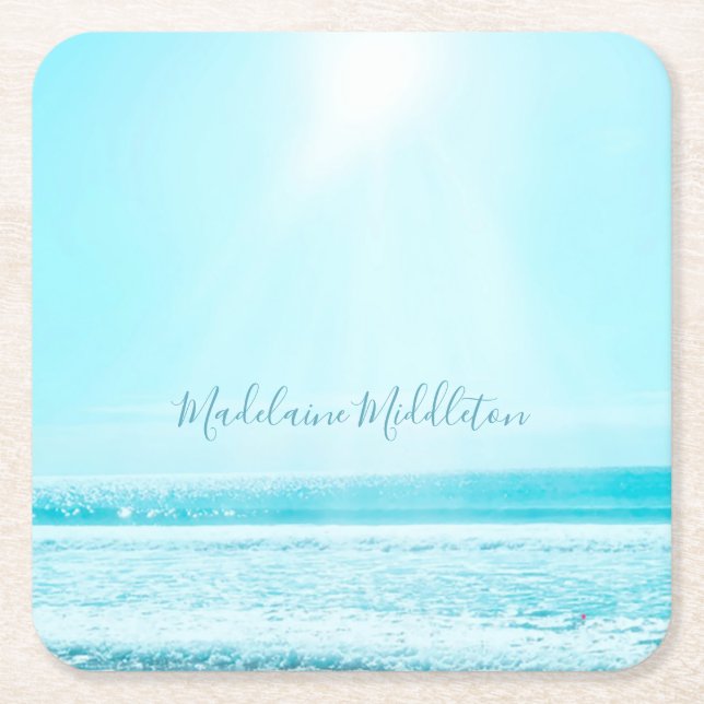 Place Escort Name Seating Sea Ocean Blue  Square  Paper Coaster (Front)