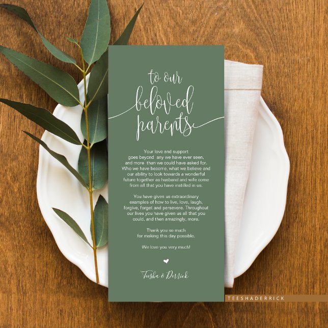 Place Setting Thank You Card for beloved Parents (Wedding Dinner or Elopement Brunch Place Setting Thank You Card, In Modern RusticSage Green Greenery)