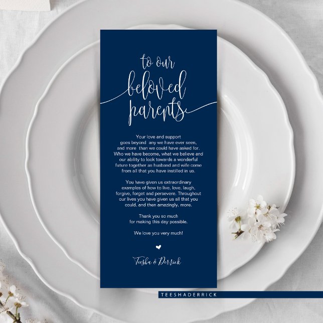 Place Setting Thank You Card for beloved Parents (Wedding Dinner or Elopement Brunch Place Setting Thank You Card, In Modern Classy Romantic Navy Blue)