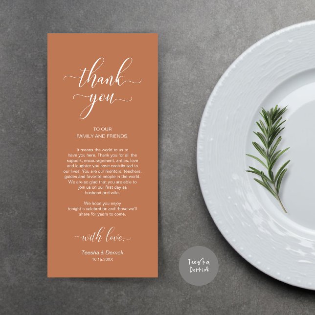 Place Setting Thank You, Elegant Copper Brown Card (Wedding Dinner Place Setting Thank You Card, Modern Classy Design, Copper Rust Brown)