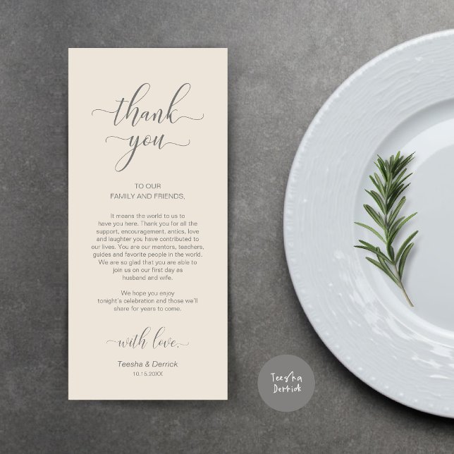 Place Setting Thank You, Elegant Cream Grey Card (Wedding Dinner Place Setting Thank You Card, Modern Classy Design, Grey and Cream)