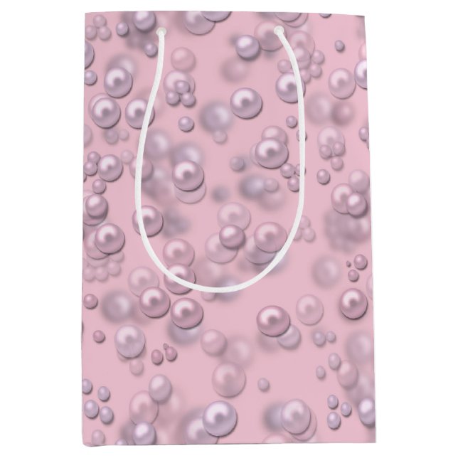 Placers of white-pink pearls on pink velvet medium gift bag (Front)