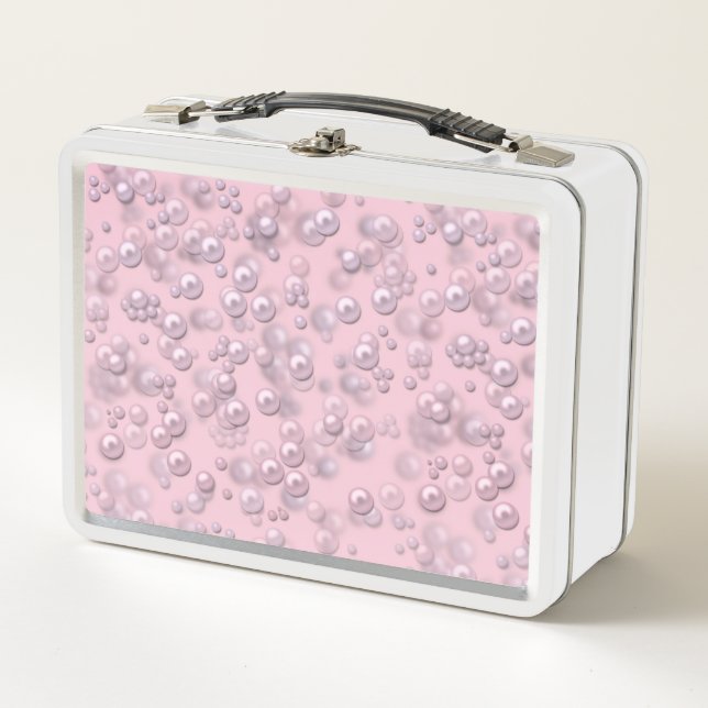 Placers of white-pink pearls on pink velvet metal lunch box (Front)