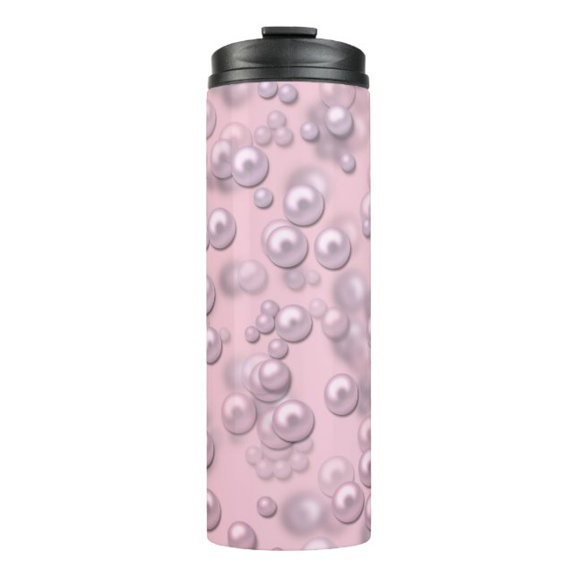 Placers of white-pink pearls on pink velvet thermal tumbler (Front)