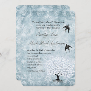 Placid Blue Damask Heart Leaf Aqua Tree Invitation