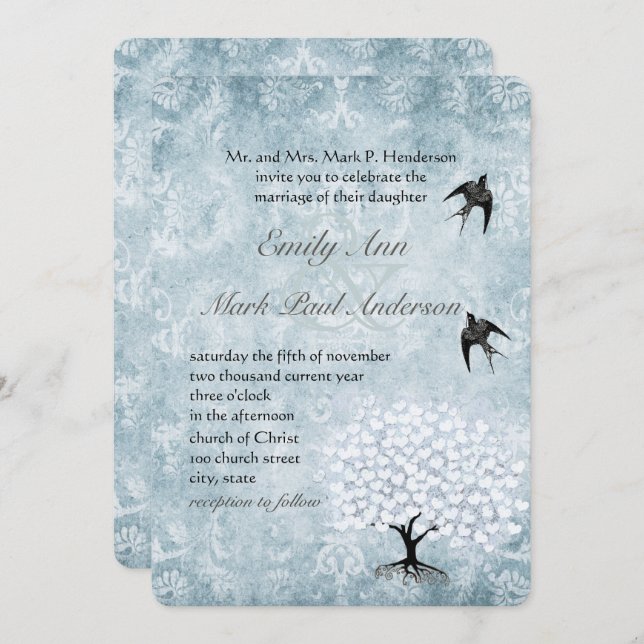 Placid Blue Damask Heart Leaf Aqua Tree Invitation (Front/Back)