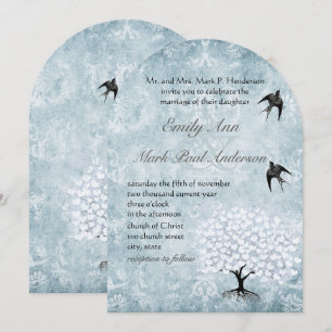 Placid Blue Damask Heart Leaf Aqua Tree Invitation