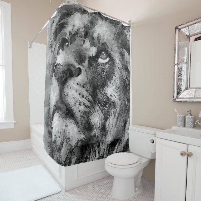 Placid Lion Face Silver Shower Curtain (In Situ)