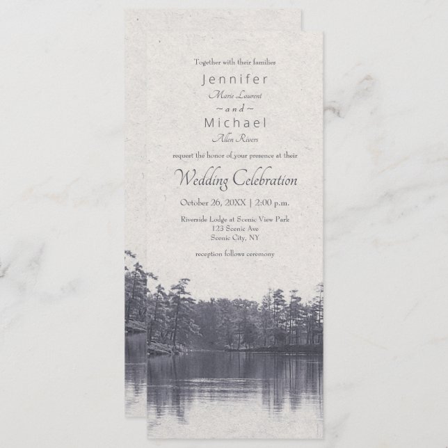 placid mountain lake vintage blue wedding invitation (Front/Back)
