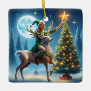 Placing The Star On Top Of Tree Ceramic Ornament