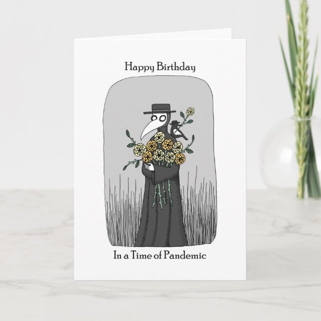 Plague Doctor with bird & flowers funny Birthday Card (Front)