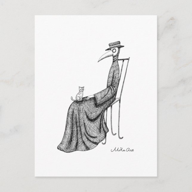 Plague Doctor with Cat sitting on a Chair Goth art Postcard (Front)