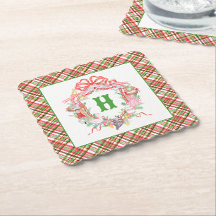 Plaid 12 Days of Christmas Monogram Crest Paper Coaster