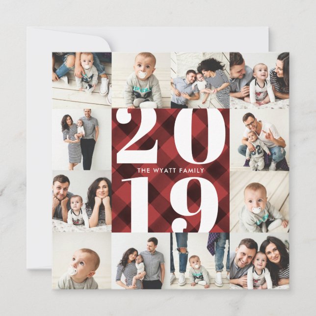 Plaid 2019 Holiday 12 Photo Collage Grid Card (Front)