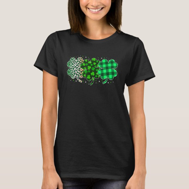 Plaid 3 Lucky Shamrock Green Leopard Irish St Patr T-Shirt (Front)