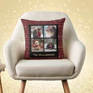 Plaid 4 Photo Christmas Country Chic Red Black Cushion